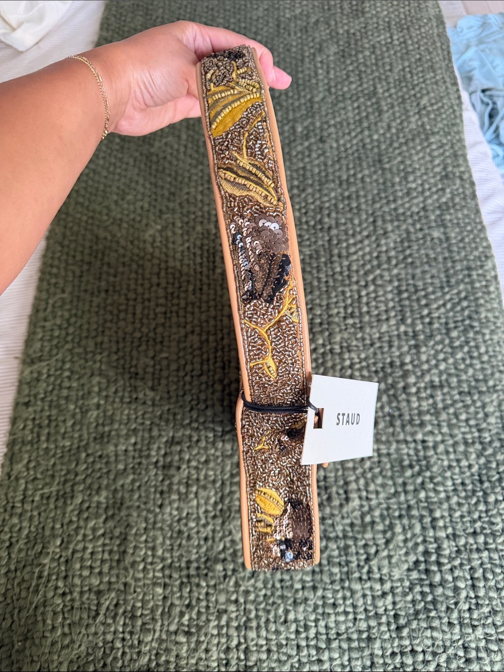 Brand new STAUD Brown Floral Sequin Shoulder Bag with Tan Trim - Picture 6 of 11